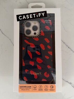 Clare V. x Casetify Navy with Poppy Jaguar Print Leather iPhone 15 Pro Case